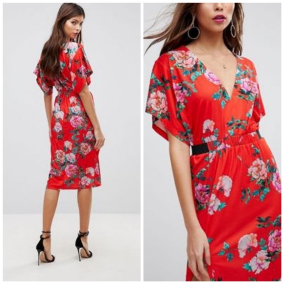 ASOS Dresses & Skirts - ASOS V Neck Floral Midi Dress Elastic Waist Dress